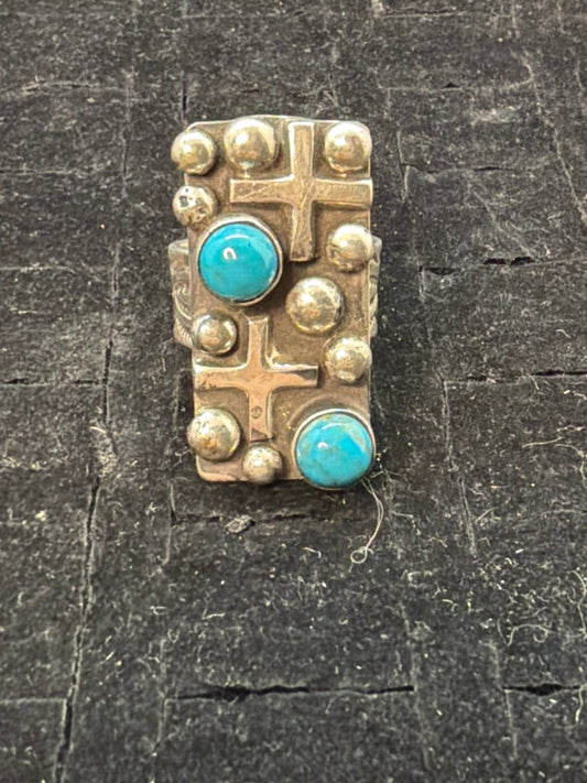 Large Turquoise and Sterling Silver Rectangular Cross and Raindrops Ring, Chimney Butte (Size 10.5) - Turquoise Mustang