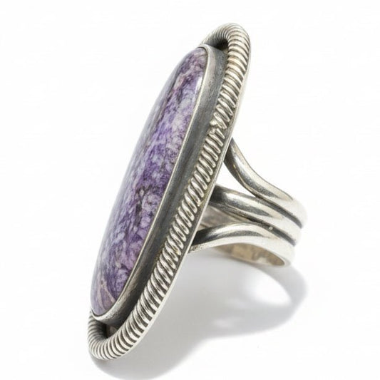 Antique - Finish Sterling Silver Ring with Charoite & Twisted Rope Bezel, Size 9 Lee Charley - Turquoise Mustang