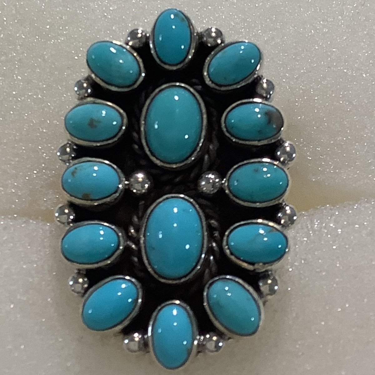 Ring, Turquoise, 2 oval Center with 12 oval stone cluster, DD - Turquoise Mustang