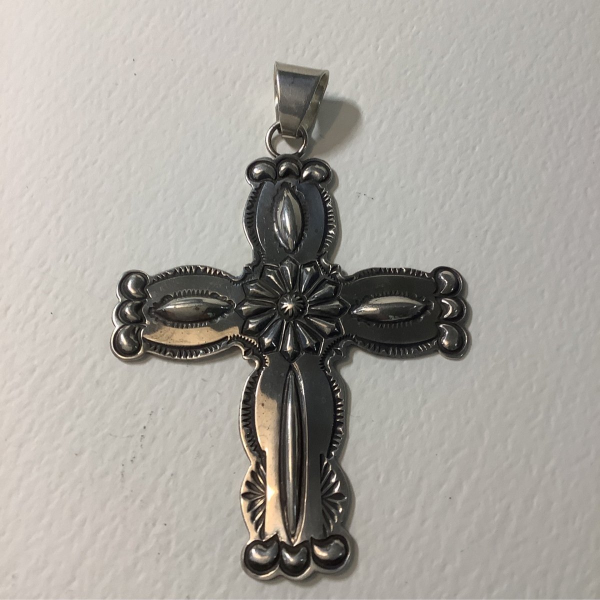 Pendant, Cross, All Silver Large Repoussé, Terry Charlie - Turquoise Mustang