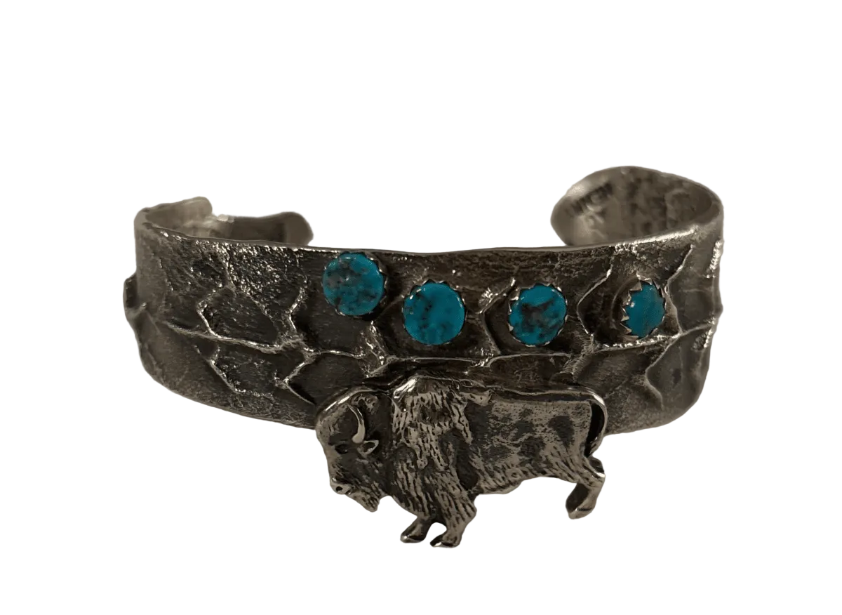 Buffalo and Corn theme Tufa Cuff - Turquoise Mustang