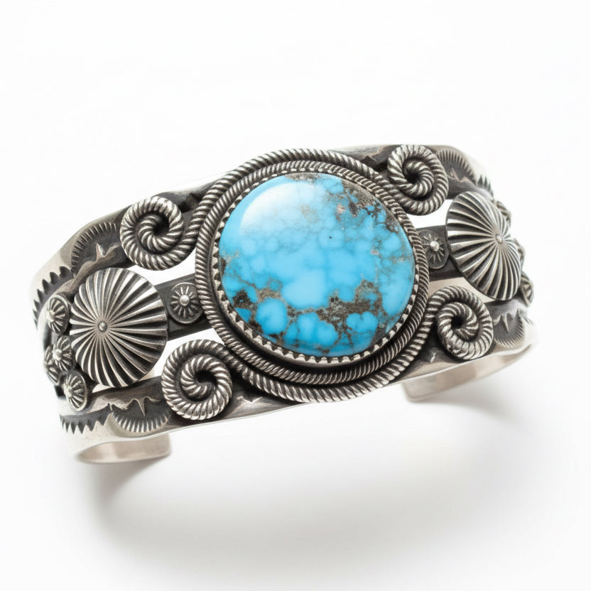 Heavy Stampwork & Curled Rope Overlay Cuff with Oval Red Web Kingman by Delbert Gordon - Turquoise Mustang
