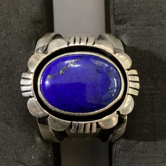 Ring, Lapis Oval, Heavy Beveled Bezel with Filework, Charley Willie - Turquoise Mustang