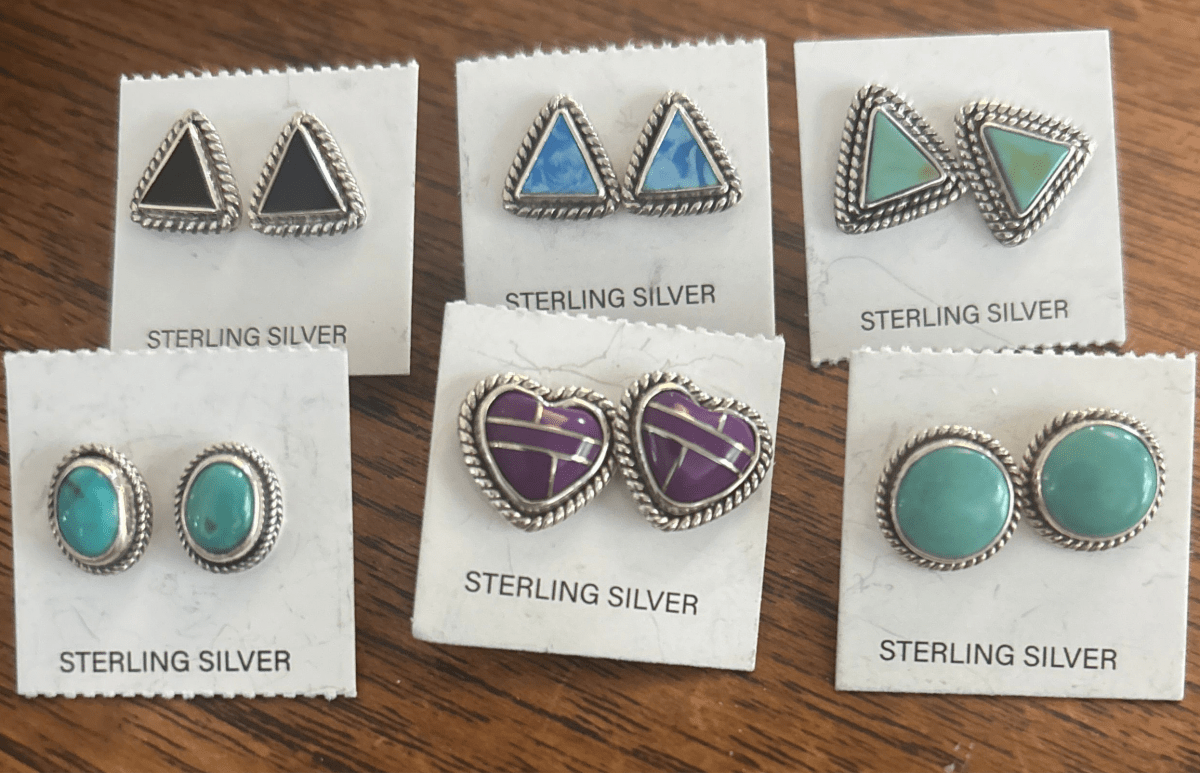Stud Earring, triangular,heart, round, oval in turquoise, onyx, sugilite, and Larimar, with rope & plain bezels - Turquoise Mustang