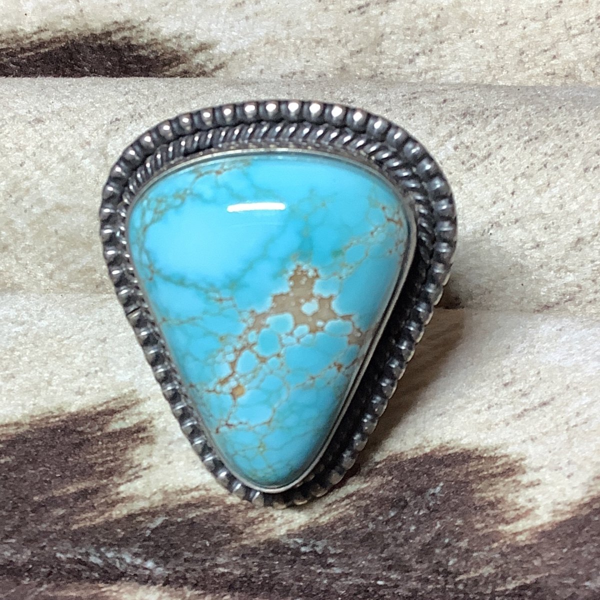 LargeRing, Triangular Stone 8, Rope & Bead Bezel, Nila Cook Johnson - Turquoise Mustang