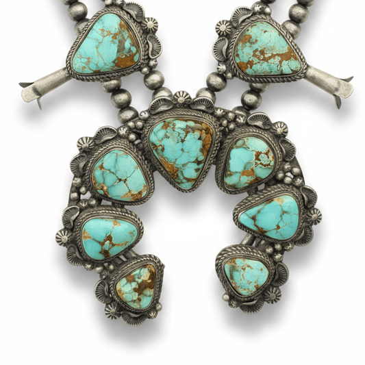 Natural Royston Turquoise Squash Blossom Necklace — T. Francisco (Navajo) - Turquoise Mustang