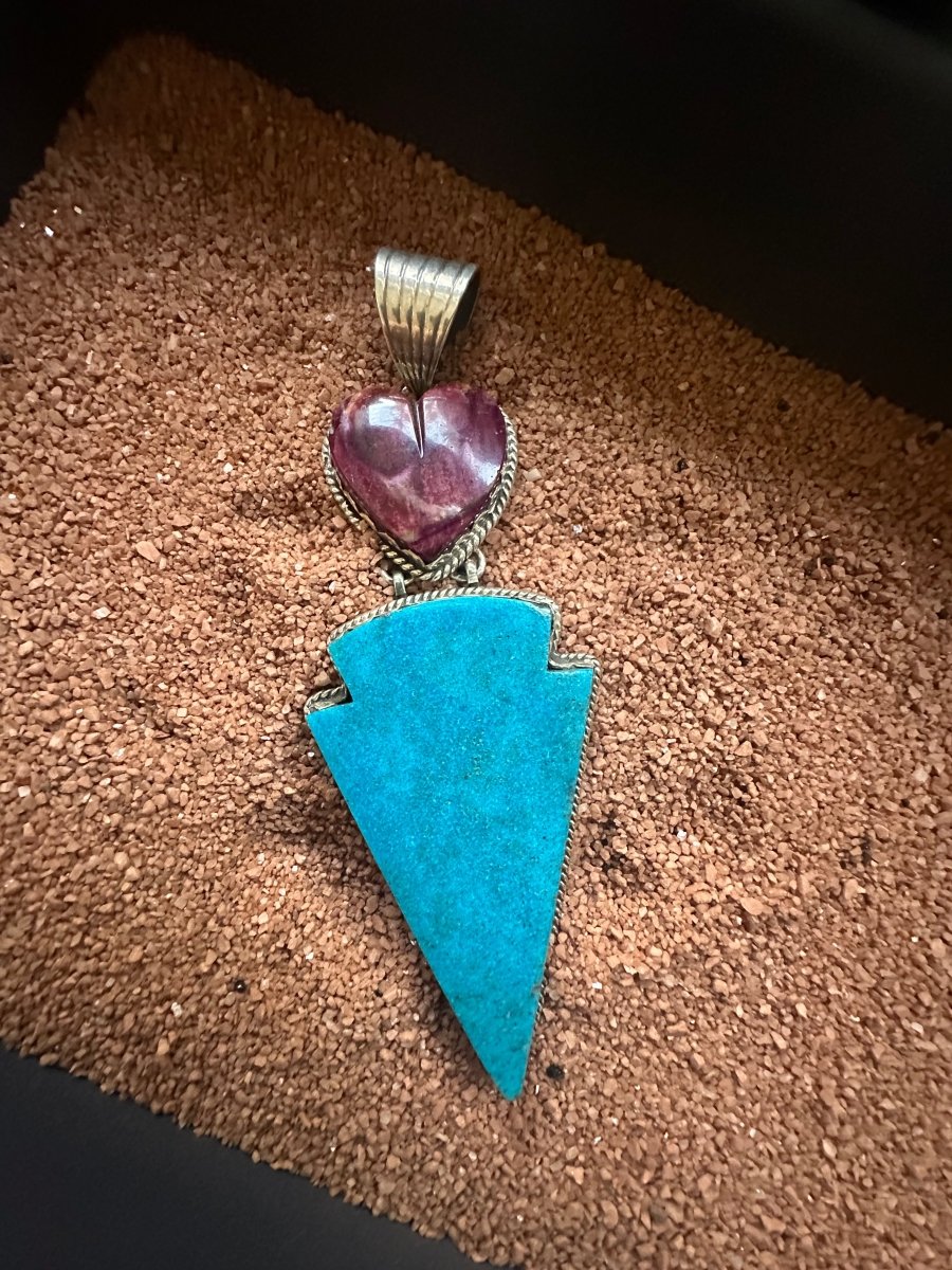 Purple Spiny Oyster Heart & Carved Turquoise Arrowhead Double Stone Statement Pendant, by Dan Dodson - Turquoise Mustang