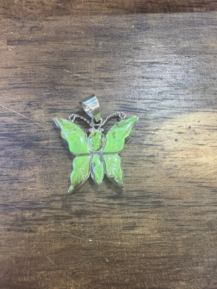 Zuni Inlay Gaspeite Butterfly Pendant - Turquoise Mustang