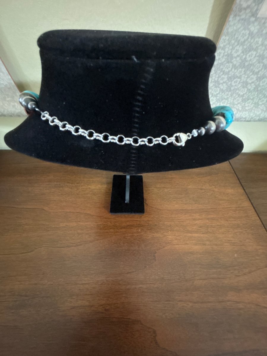 Necklace, 26” 12mm Sonoran Turquoise Rondelles w/ Benchmade Navajo Storyteller Beads and Navajo Pearls, Navajo - Turquoise Mustang
