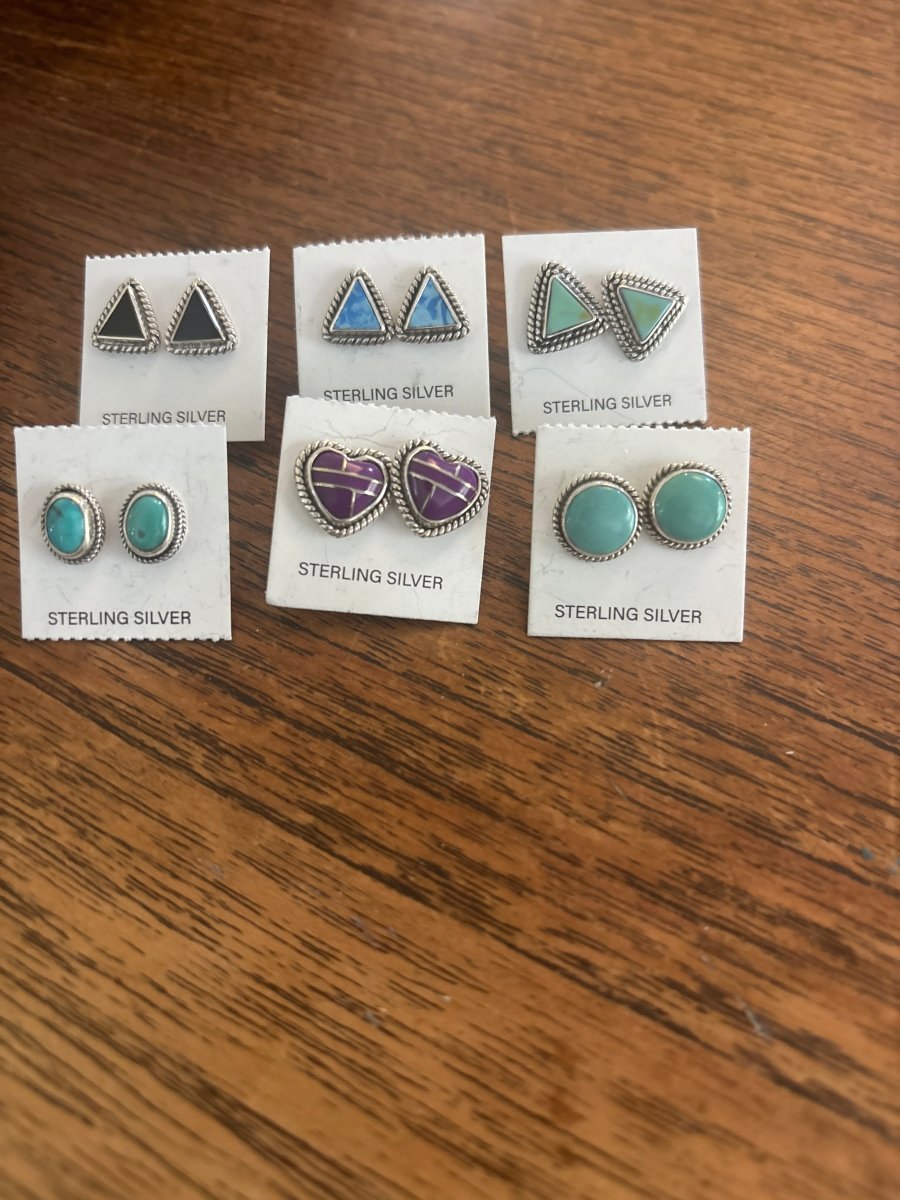 Stud Earring, triangular,heart, round, oval in turquoise, onyx, sugilite, and Larimar, with rope & plain bezels - Turquoise Mustang