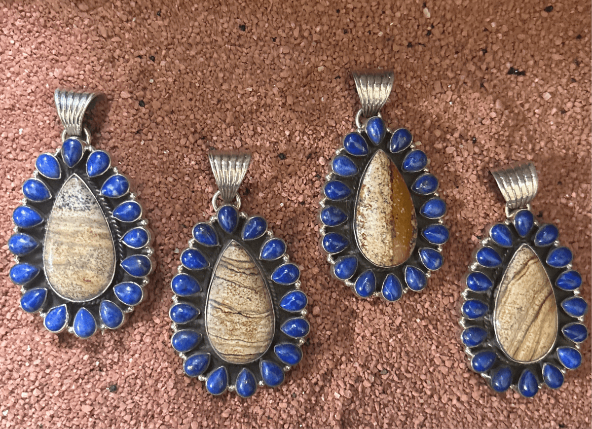 Pear Cluster Pendant with 16 Lapis Cabochons in Sterling Silver by Dan Dodson - Turquoise Mustang