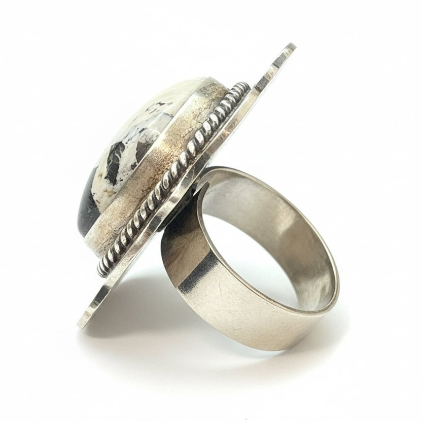 White Buffalo Oval Ring with Stamped Shield & Rope Bezel, Adjustable by M. Spencer - Turquoise Mustang