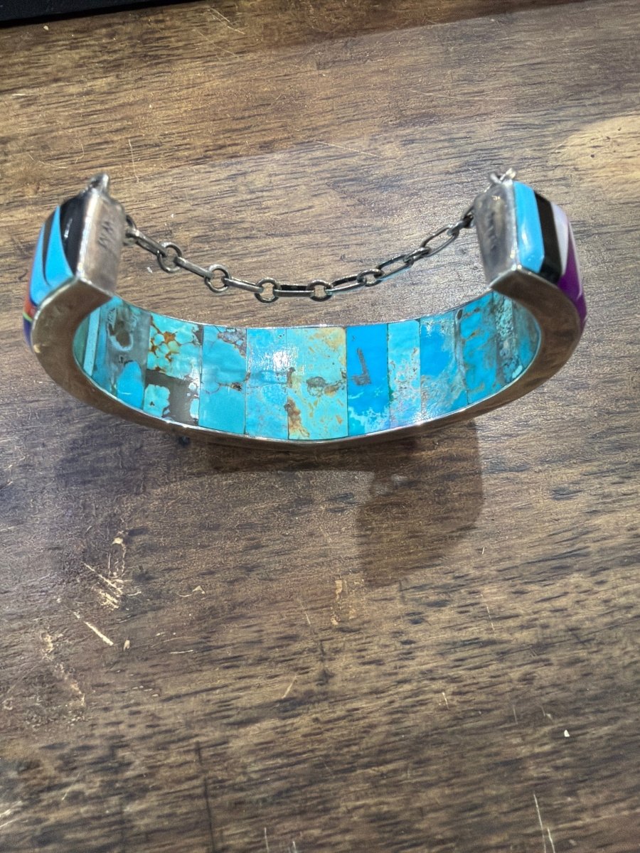 Vintage Zuni Inlay Cuff Bracelet with WM Hallmark - Turquoise Mustang