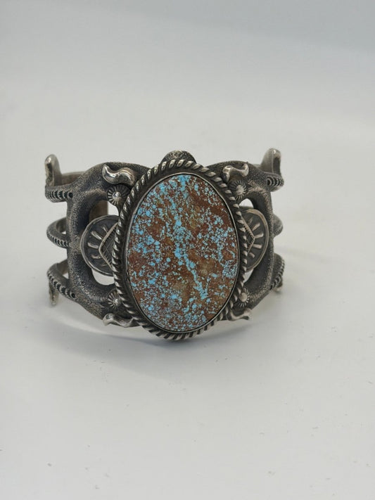 Tufa Cast with Stampwork Cuff Bracelet, Lg. Oval 8, Robert Delgarito - Turquoise Mustang