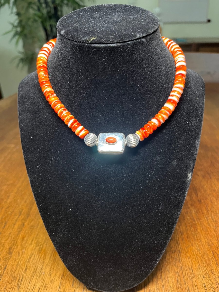 Orange Spiny Oyster Choker with Specialty Double - Sided Sterling Silver Bead - Turquoise Mustang
