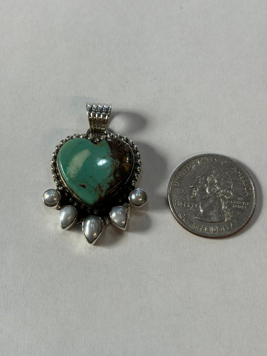 Nasturtium Heart Pendant with Pearls - Turquoise Mustang
