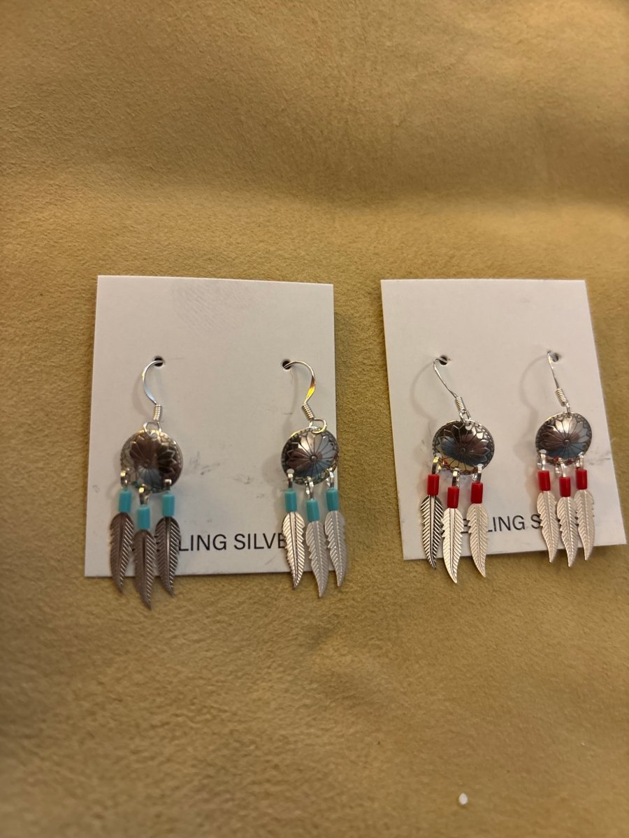 Small Sterling Silver Concho Stud Earrings with 3 Feather Drops - Turquoise Mustang