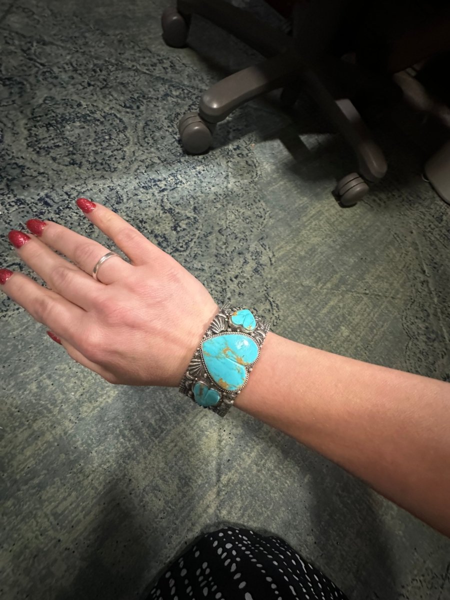 Bracelet, 3 Kingman Hearts, overlay and stamp work, J.O. White - Turquoise Mustang