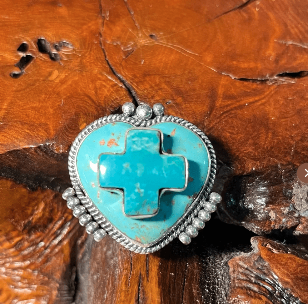 The Dahlia Heart & Cross Ring - Turquoise Mustang