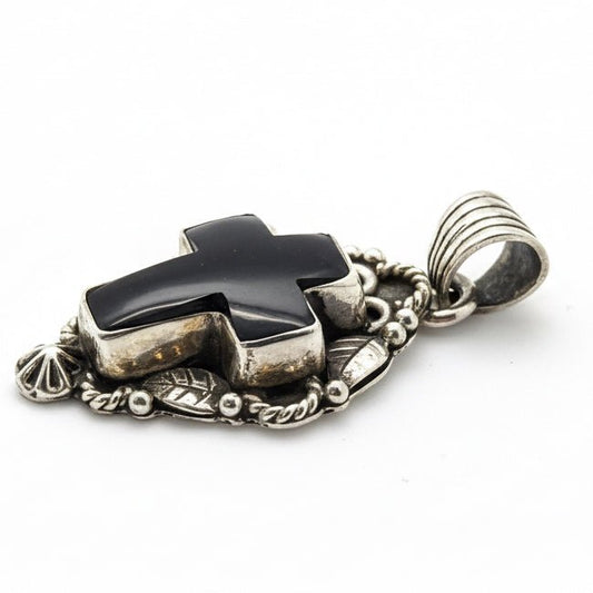 Small Black Onyx Cabochon Cross Pendant with Star & Leaf Bezel, Dan Dodson - Turquoise Mustang