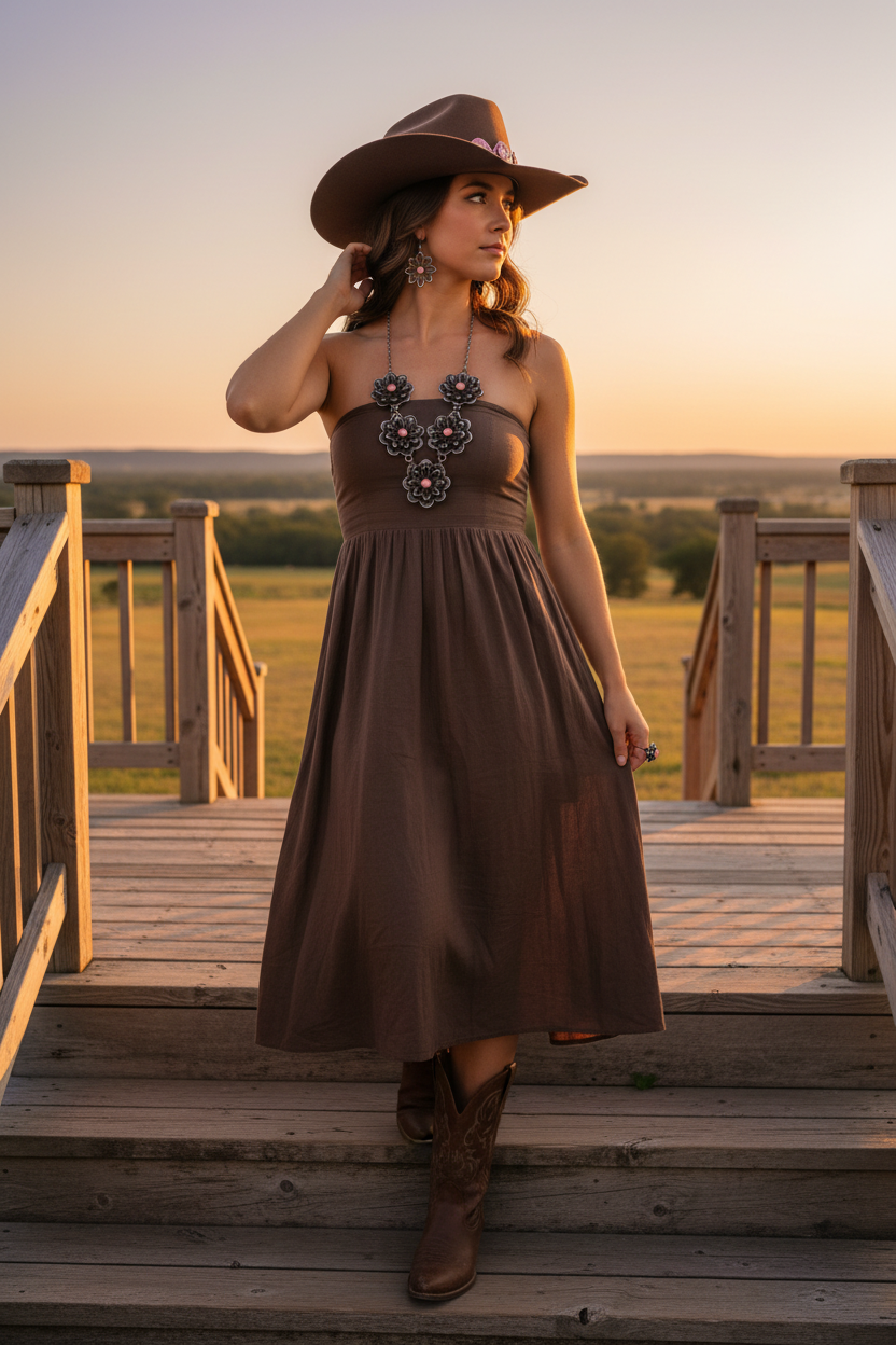 Necklace (3 pc. Set) 5 station, Camelia Flowers with Pink Conch, Kevin Billah - Turquoise Mustang