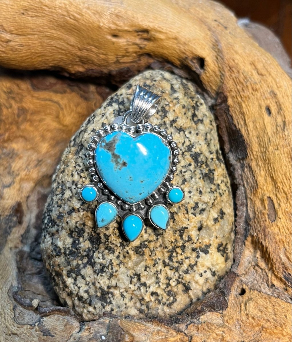 Nasturtium Heart Pendant with Pearls - Turquoise Mustang