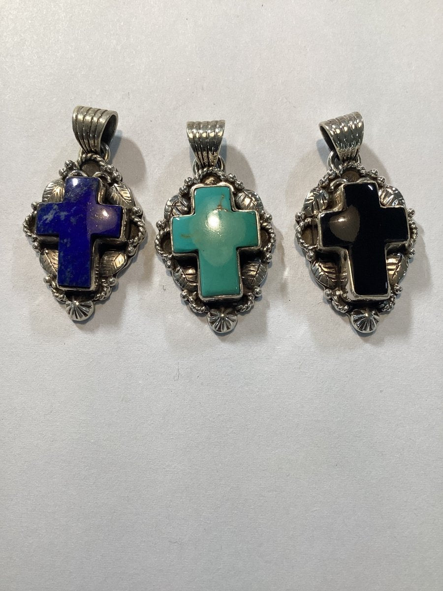 Pendant, Cross, Small Turquoise Cabochon, star and leaf bezel, DD - Turquoise Mustang
