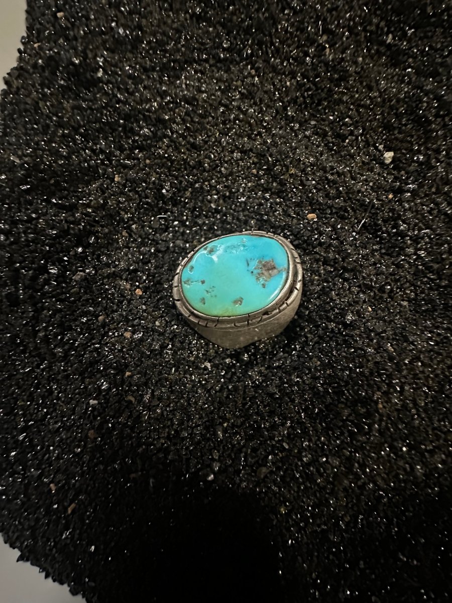 Extra Large Single Stone Turquoise Ring with Thick Filework Bezel, by Shubes - Turquoise Mustang