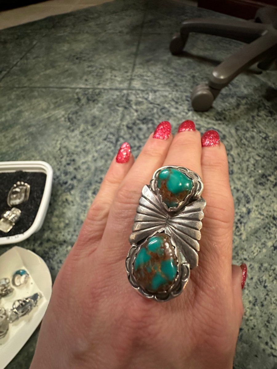 Large Two - Stone Royston Turquoise Ring - Turquoise Mustang
