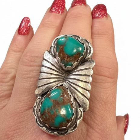 Large Two - Stone Royston Turquoise Ring - Turquoise Mustang