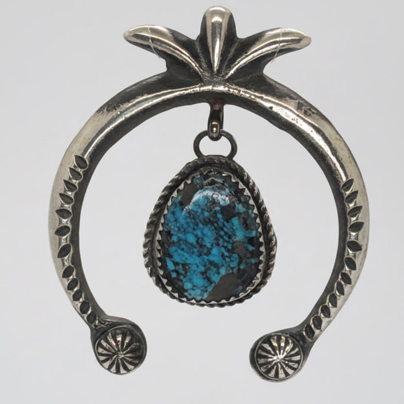 Sterling Silver and Turquoise Dangle Naja Pendant with Hook Top, VC - Turquoise Mustang