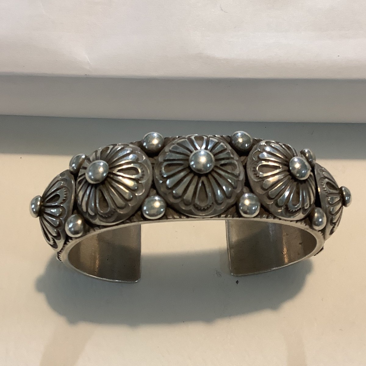 Bracelet, all silver, 5 Peyote Button Conchos, stamped, Calvin Martinez (1) - Turquoise Mustang