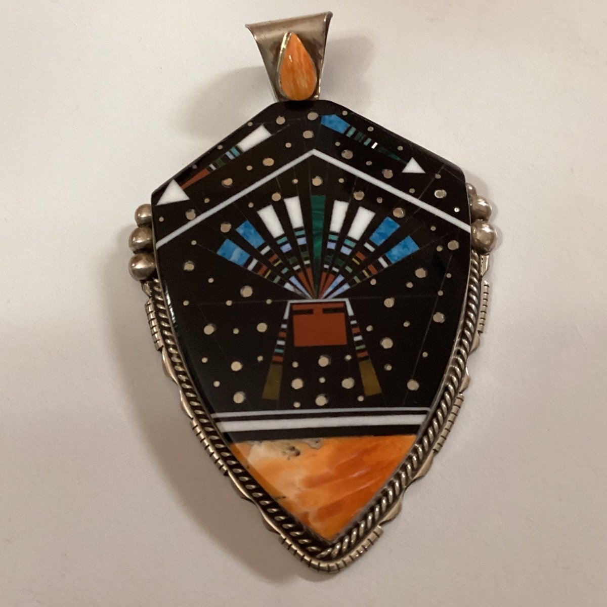 Pendant, elaborate Zuni Inlay, shield shape, spiny oyster, Ray Jack - Turquoise Mustang