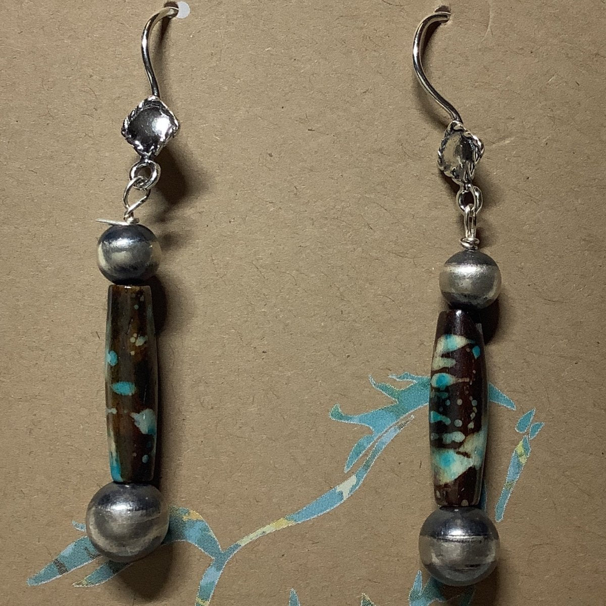 Earrings, 2 N - Pearls top&bottom, turquoise torpedo in the middle,, Turquoise Mustang (1) - Turquoise Mustang