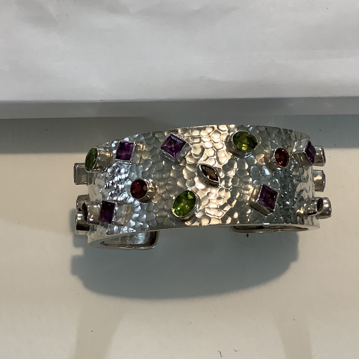 Bracelet, Wide, Hammered Silver with Gemstones, DD - Turquoise Mustang