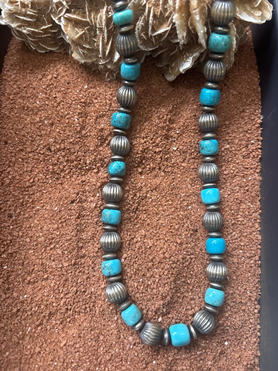 18” Blue Turquoise Rondelles with 10mm Silver Sauvers, and 12mm Corrugated Round Navajo Pearls - Turquoise Mustang