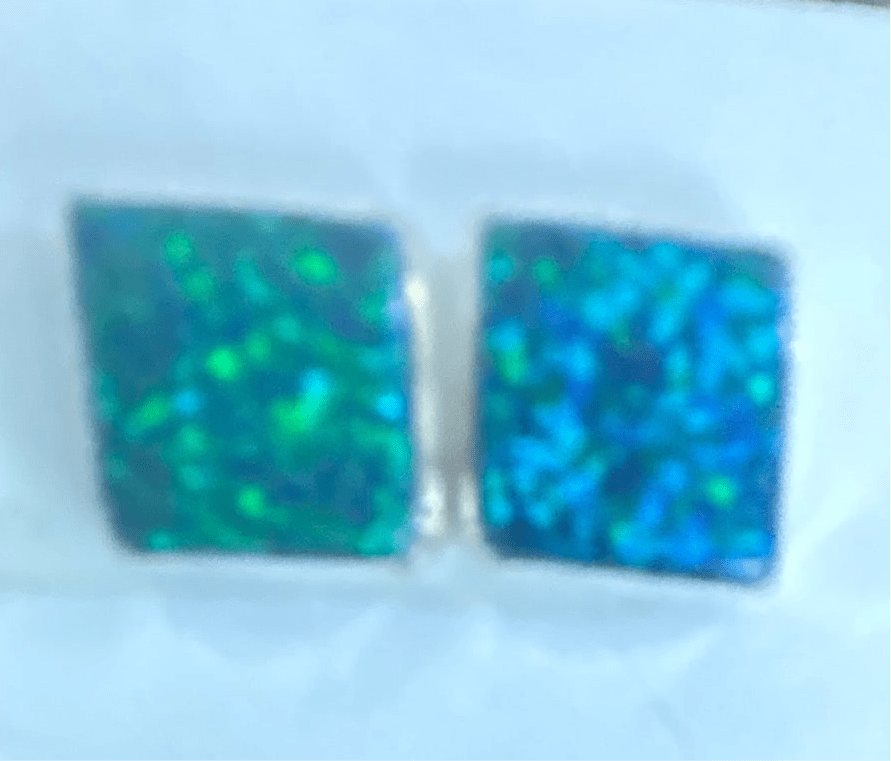 Earring, assorted medium studs, square in Dark Green and Kight Blue Lab Opal - Turquoise Mustang