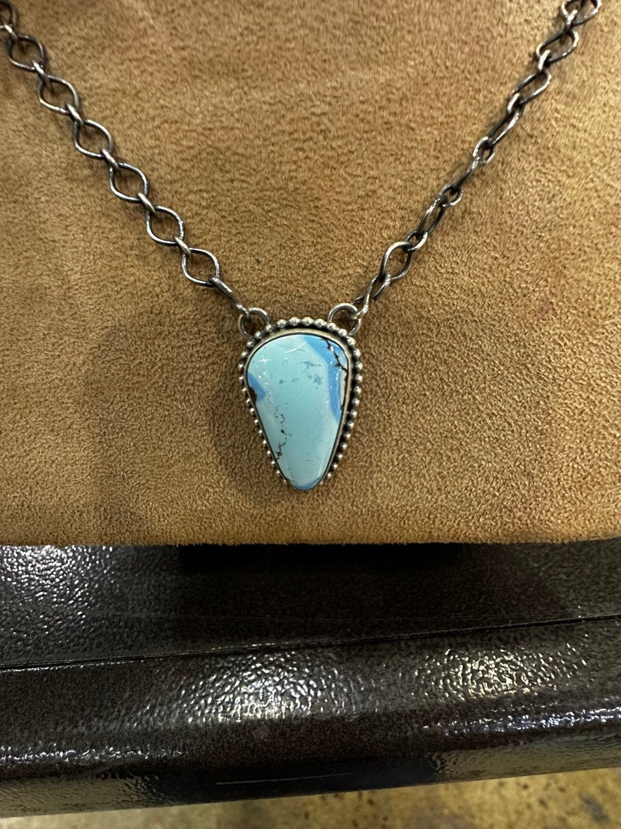 Golden Hills Turquoise Drop Necklace – Sterling Silver – Hallmarked “E” - Turquoise Mustang