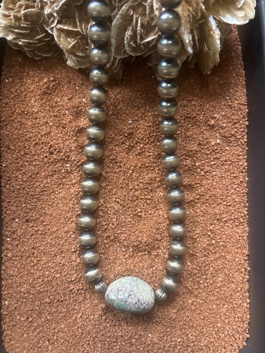 16" d 10mm Silver Pearl Necklace with Ruby in Fucisite Nugget - Turquoise Mustang