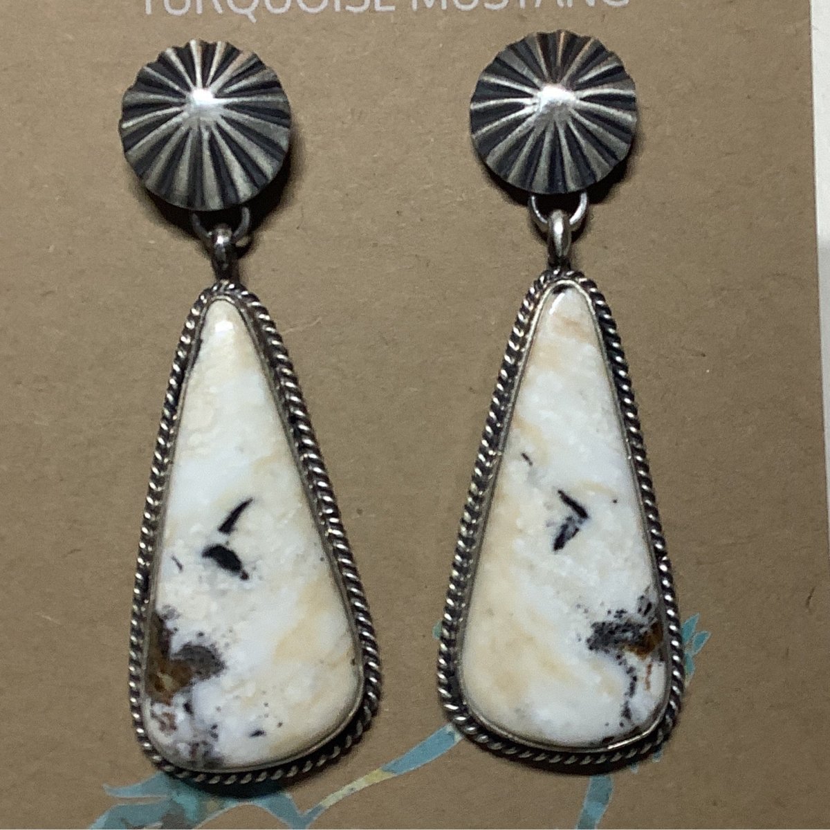 Earring, Sunburst Concho posts, White Buffalo Teardrops, rope bezel, Marcella James - Turquoise Mustang