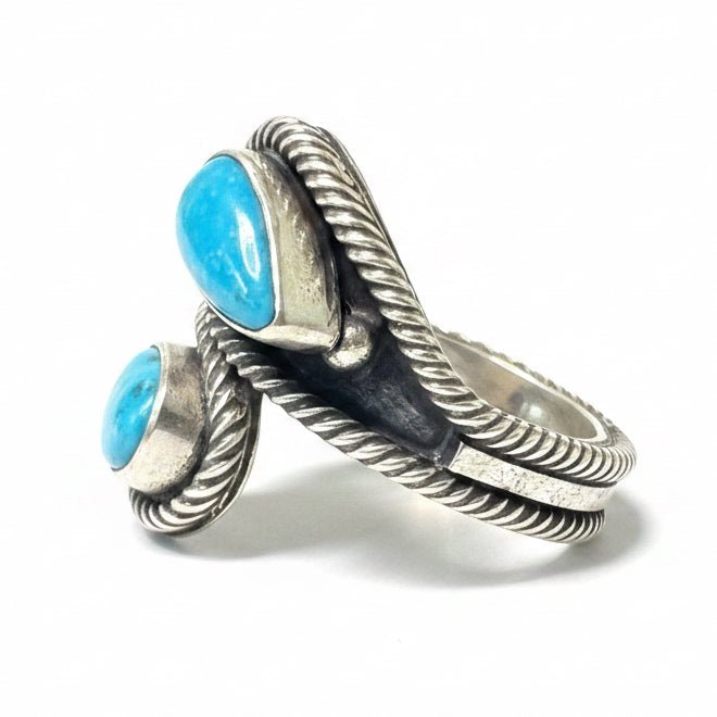 Lone Mountain Turquoise Bypass Ring with Rope Bezel & Raindrop Accents, Adjustable - Turquoise Mustang