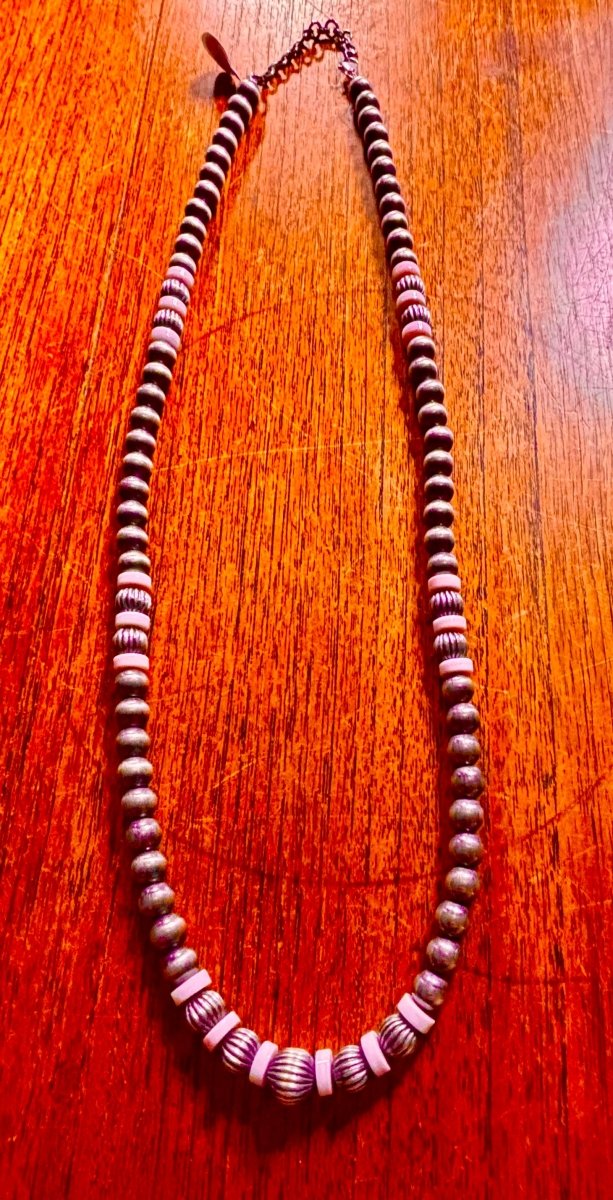 8mm Navajo Pearls with SS Pumpkin Beads and Pink Conch - Turquoise Mustang
