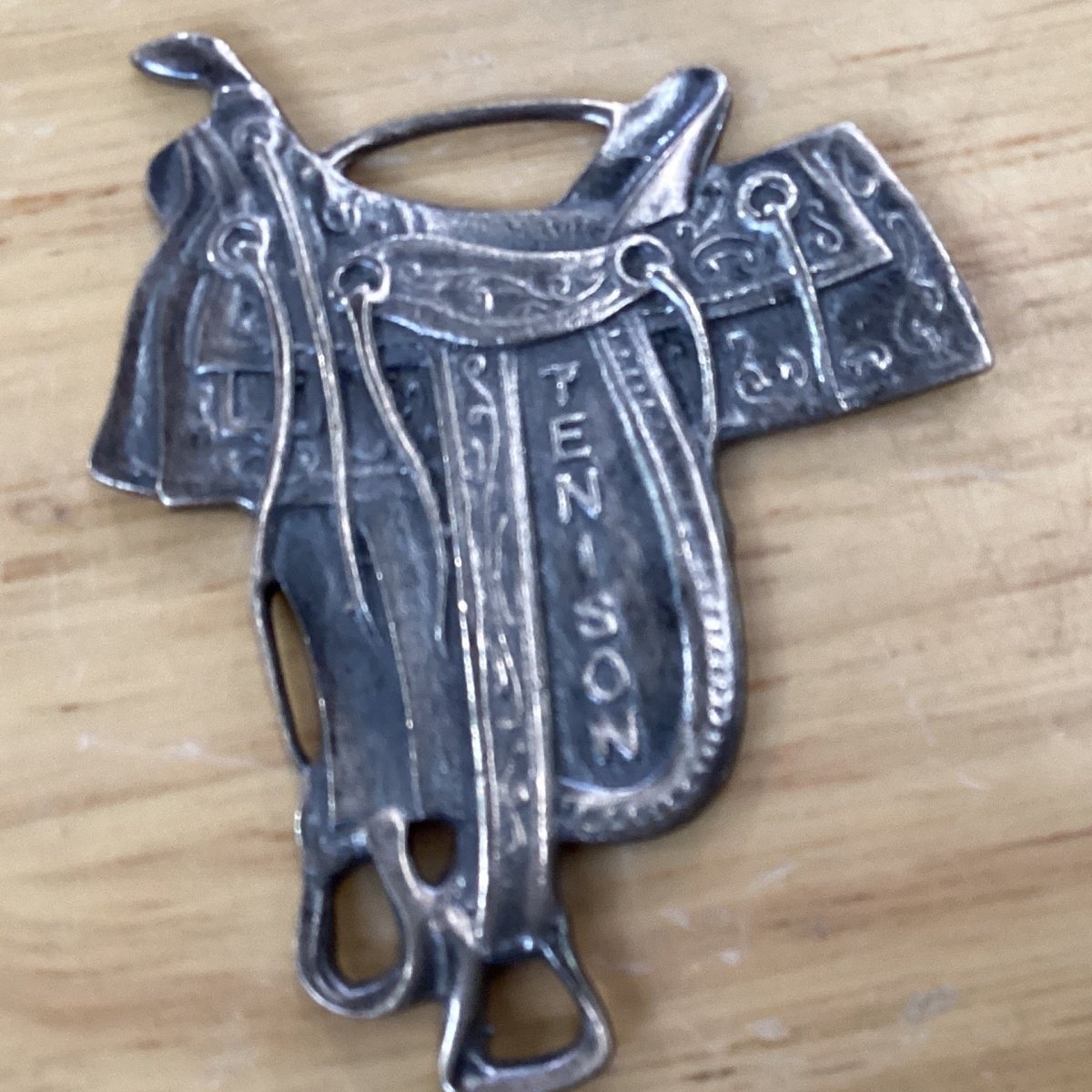 Pendant, Charm, All Silver "Tenison" Saddle tag, DD - Turquoise Mustang
