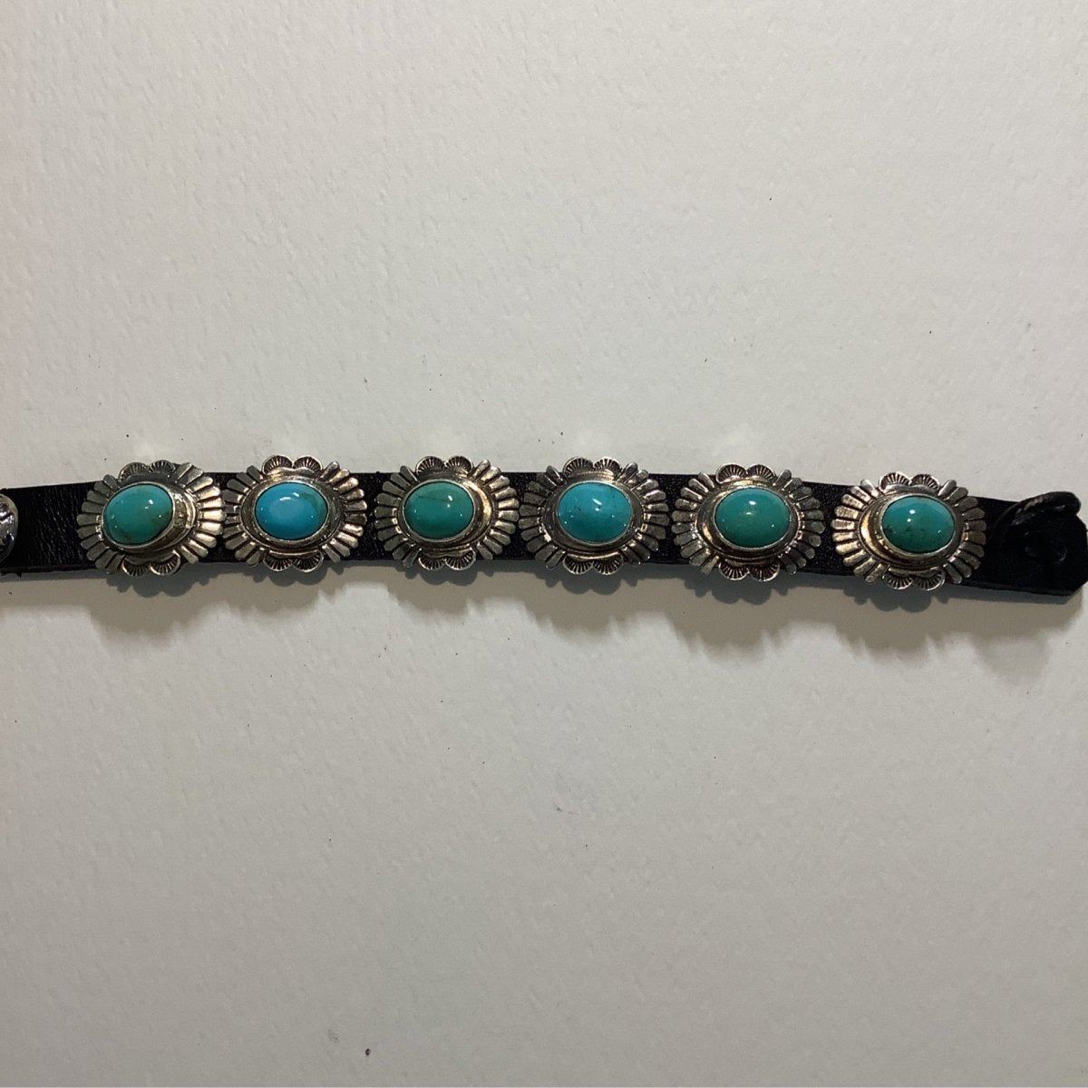 Bracelet, Leather with Large Oval Conchos, Dan Dodson - Turquoise Mustang