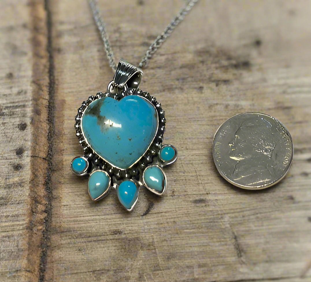 Nasturtium Heart Pendant with Pearls - Turquoise Mustang
