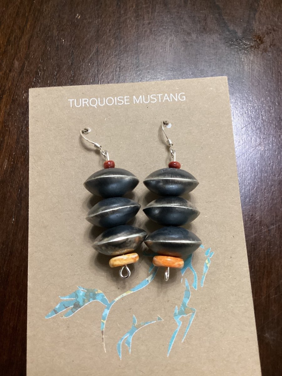 Earring, 3 - bead, 14mm Saucers, Spiny Navajo pearl, Sophia Becenti - Turquoise Mustang