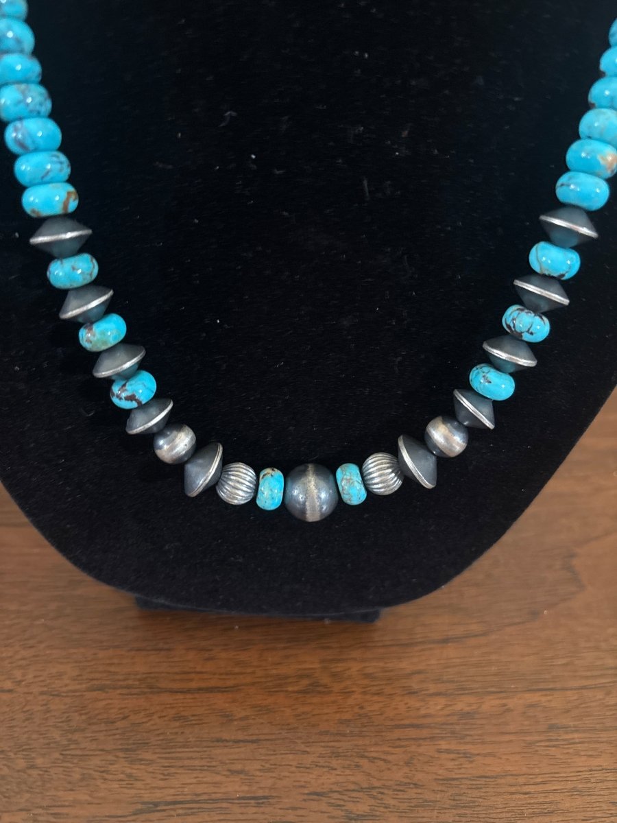 Necklace, 24” 10mm Sonoran Turquoise Rondelles w/ Benchmade Navajo Storyteller Beads and Navajo Pearls, Navajo - Turquoise Mustang