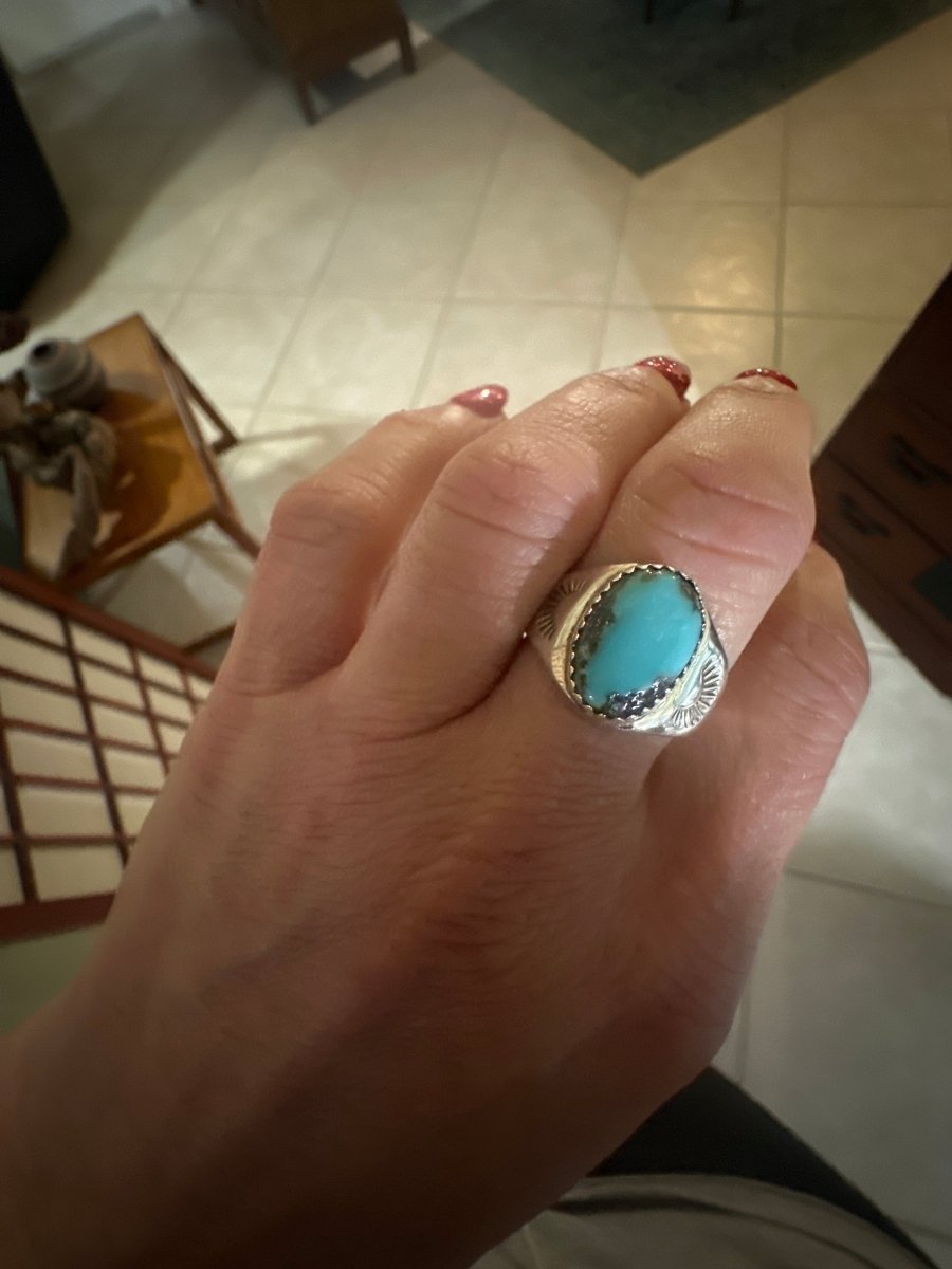 Single Large Oval Stone Turquoise Ring with Sawtooth Bezel, by Hopi Artist, Melinda Lucas - Turquoise Mustang