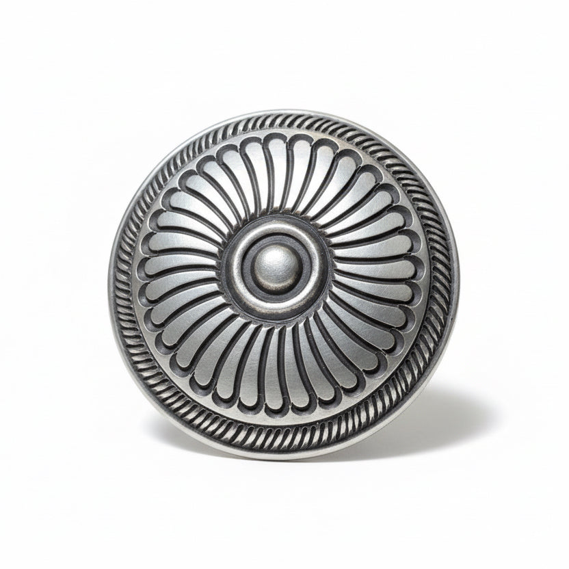 Ring, HEAVY Round Concho/Shield Stamp Work by Calvin Martinez - Turquoise Mustang