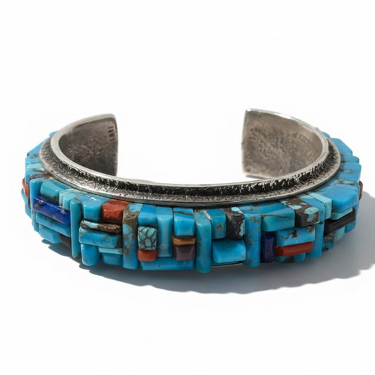 Cobblestone Inlay Turquoise, Coral & Lapis Cuff Bracelet, Lester James - Turquoise Mustang